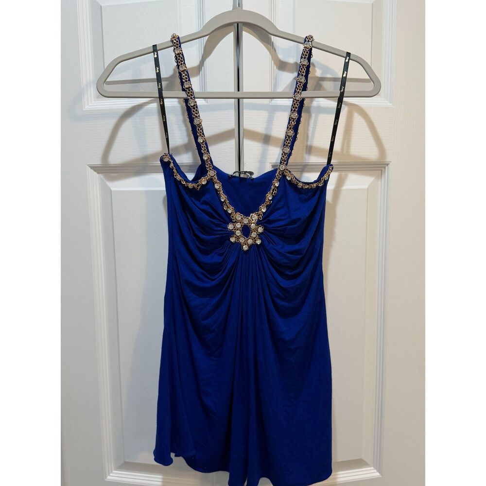 Vintage Y2K Sky Rhinestone Bejeweled Gold Strap Blue Top Size Medium